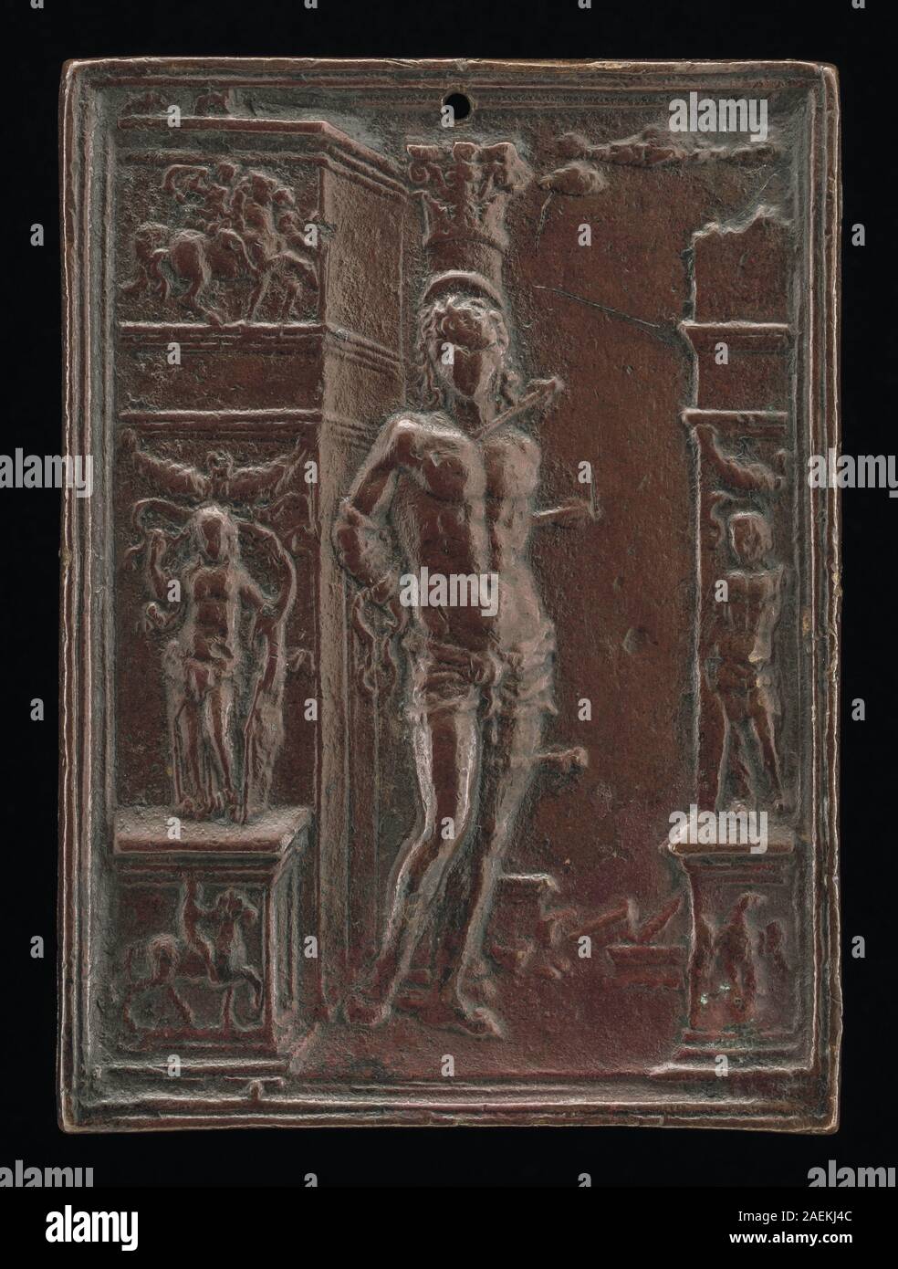 Sankt Sebastian gemalt von Moderno Ende des 15. Bis Anfang des 16. Jahrhunderts, der den christlichen Märtyrer mit Pfeilen darstellt und religiöse Verehrung und ikonographische Elemente der Zeit veranschaulicht. Stockfoto