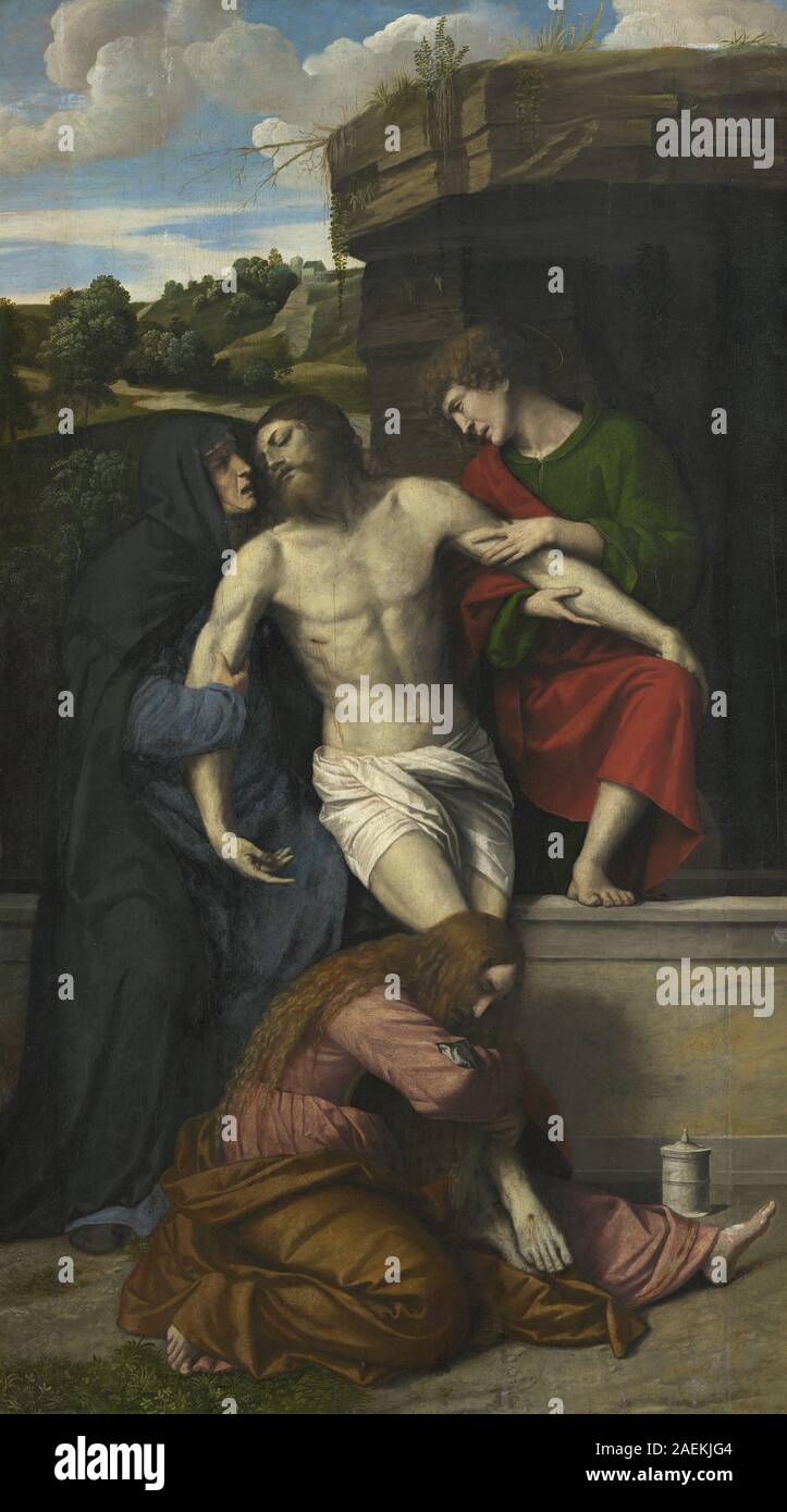 Pietà, gemalt von Moretto da Brescia in den 1520er Jahren, zeigt die Jungfrau Maria, die nach der Kreuzigung den Leichnam Christi hält, mit detaillierten Figuren, Vorhängen und emotionalem Ausdruck in einer Renaissance-Komposition. Stockfoto