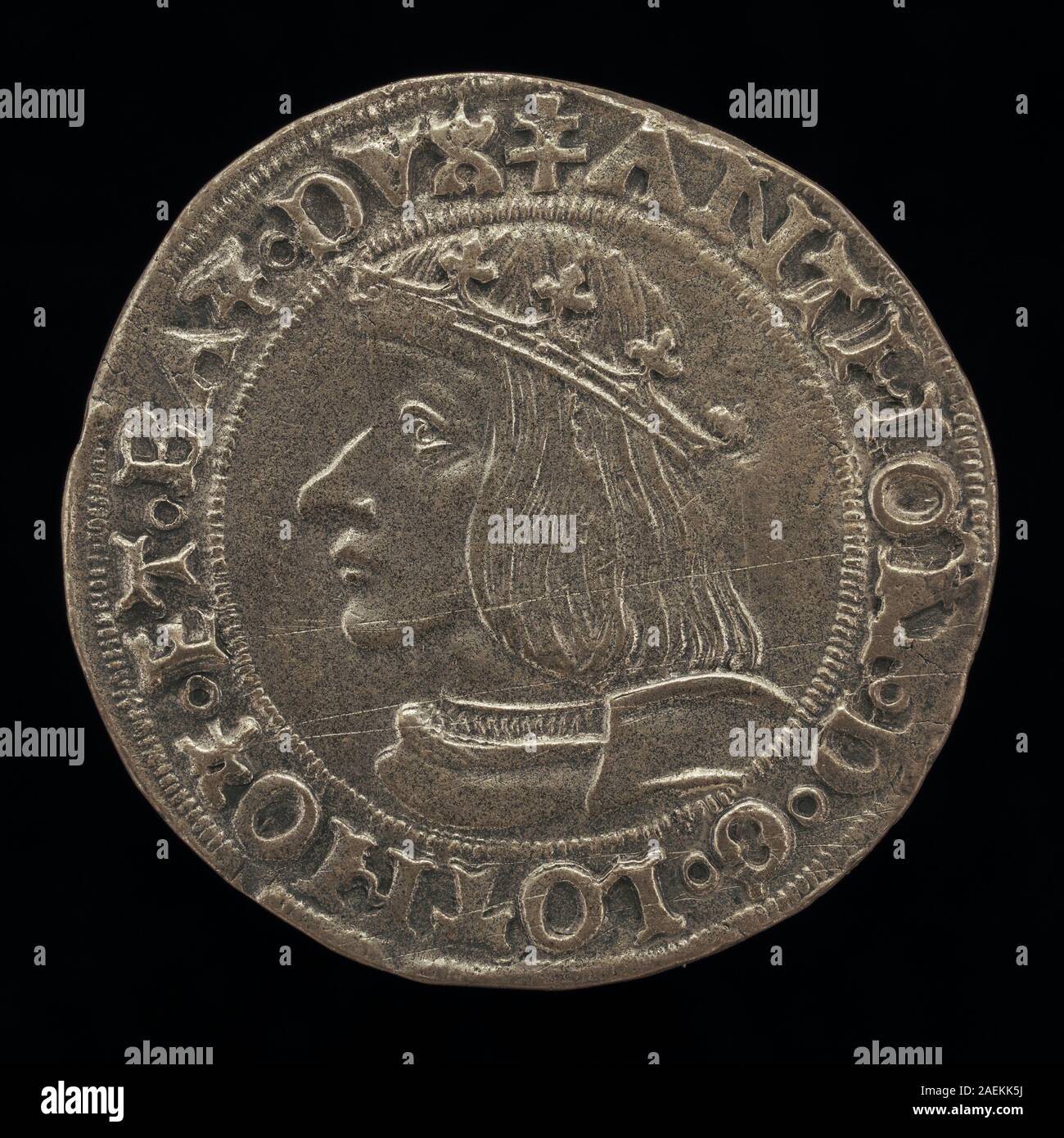 Vorderseite einer Medaille aus dem 16. Jahrhundert mit Antoine, Herzog von Lothringen (1489-1544), datiert von 1508, mit graviertem Porträt und heraldischen Details. Stockfoto