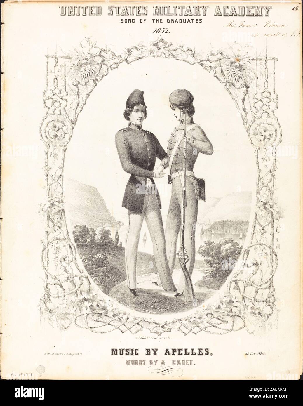 Foto von Napoleon Sarony nach James McNeill Whistler, das 1852 die United States Military Academy mit Absolventen, Kadetten, Zeremonien und architektonischen Details der Gebäude der Akademie darstellt. Stockfoto