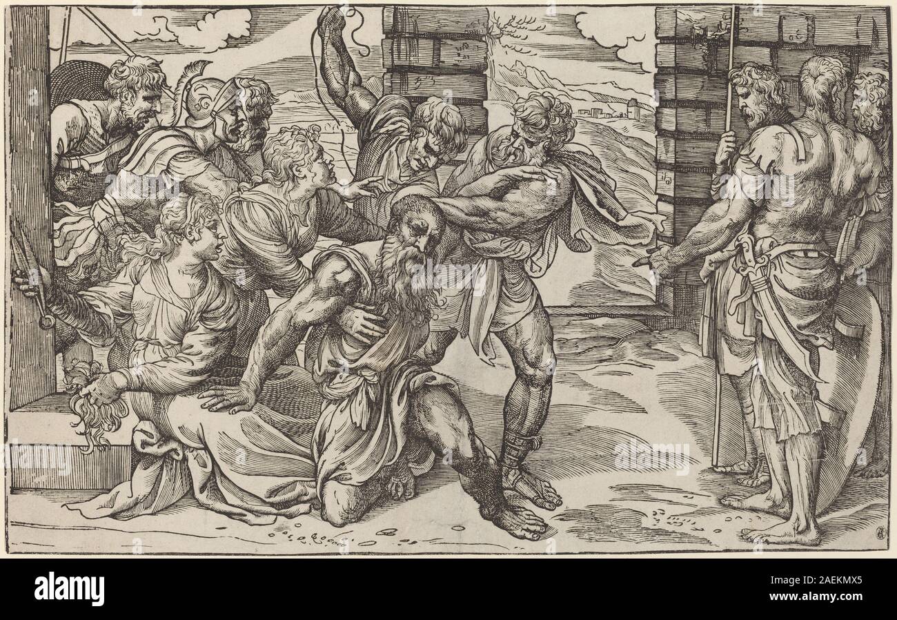 Dieser Stich wurde um 1540 von Niccolò Boldrini nach Tizian erstellt und zeigt die biblische Geschichte von Samson und Delilah. Die Arbeit konzentriert sich auf narratives Komposition, Figurendarstellung und Renaissancetechniken. Stockfoto