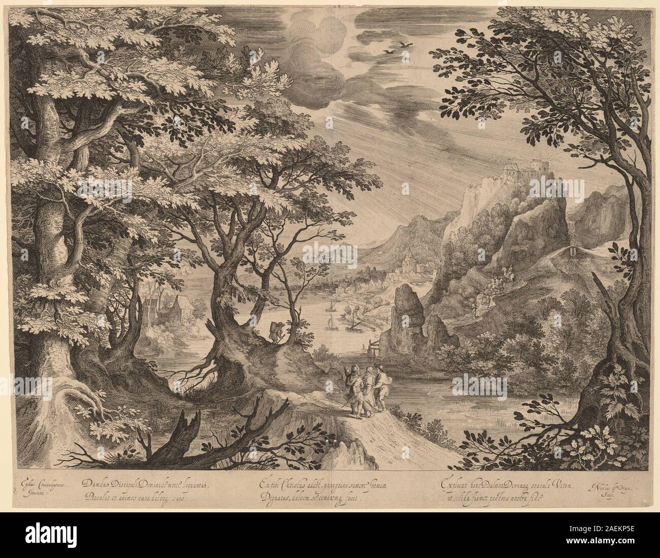 Kupferstich von Nicolaes de Bruyn nach Gillis van Coninxloo III., der die Schüler auf der Straße nach Emmaus darstellt und Figuren, Landschaft, Pfad und kompositorische Details zwischen 1565 und 1656 zeigt. Stockfoto