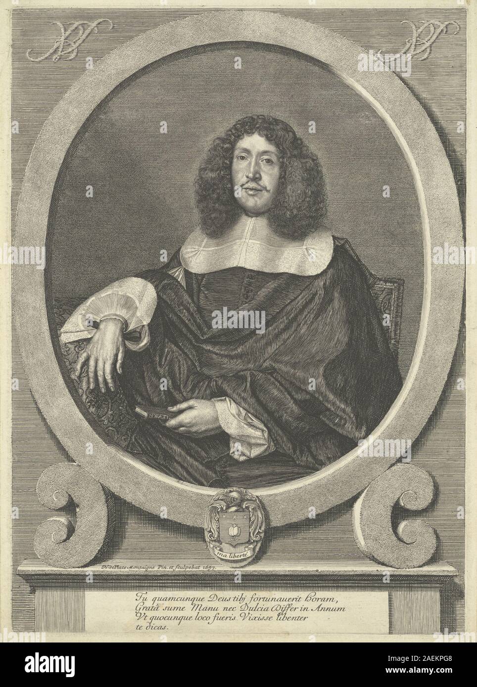 Dieses Porträt von Nicolas de Plattemontagne aus dem Jahr 1657 zeigt Vincent Barthélémy, das Gesicht, Ausdruck, Kleidung, Hände, Pose, Hintergrund und französischer Malstil aus der Mitte des 17. Jahrhunderts. Stockfoto