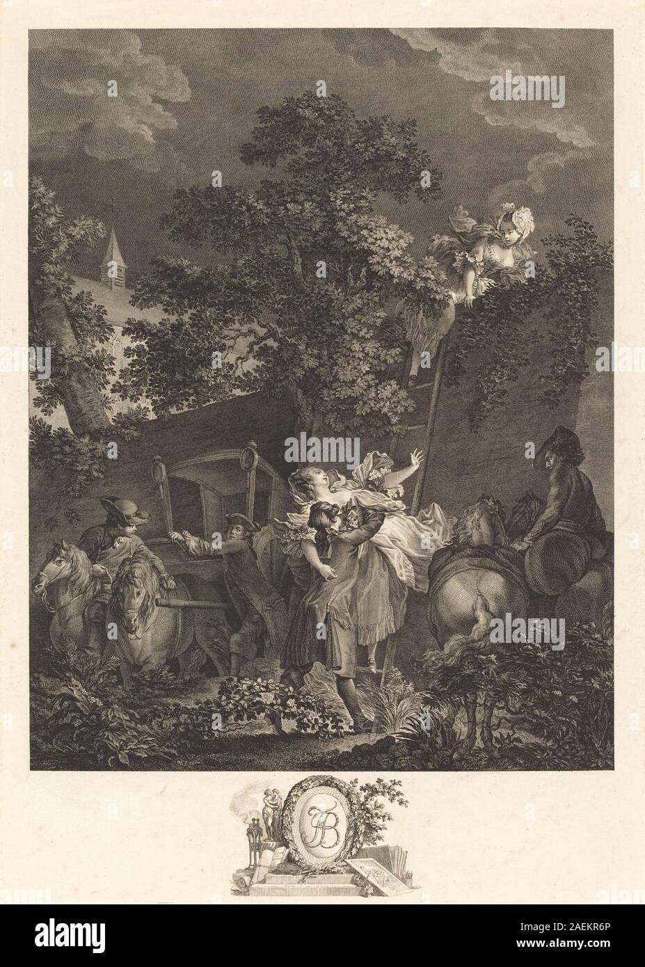 Kupferstich von Nicolas Ponce nach Pierre-Antoine Baudouin mit dem Titel „L'enlevement nocturne“ aus dem Jahr 1780, mit einer nächtlichen Entführungsszene mit menschlichen Figuren und Landschaftselementen. Stockfoto