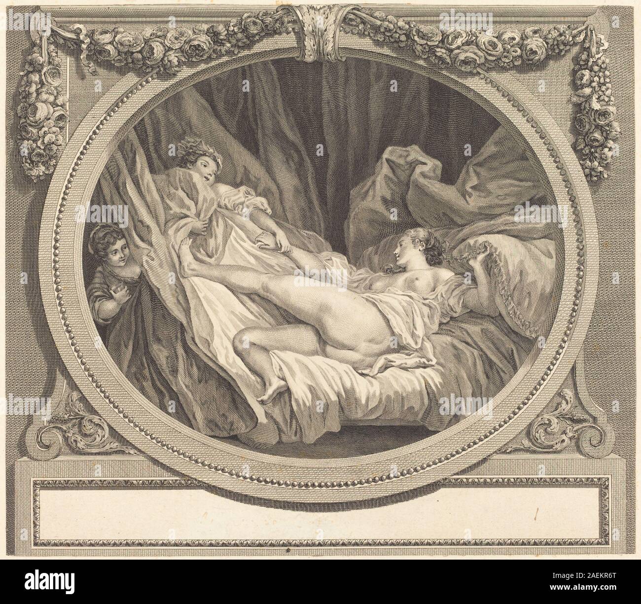 Stich von Nicolas Ponce nach Jean-Honoré Fragonard mit dem Titel „Le verre d'eau“. Das Werk zeigt eine Figur mit einem Glas Wasser, Kleidungsdetails, Gesten und dekorative Elemente französischer Druckerei aus dem 18. Jahrhundert. Stockfoto