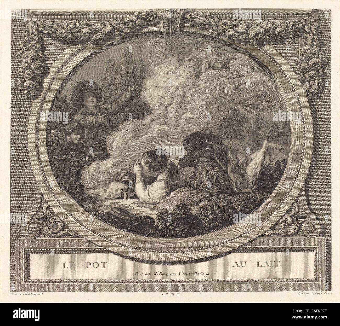 Le Pot au lait ist ein Werk von Nicolas Ponce nach Jean-Honoré Fragonard, das eine häusliche Szene einer Frau mit Milchkännchen in einer detaillierten Inneneinrichtung zeigt. Stockfoto