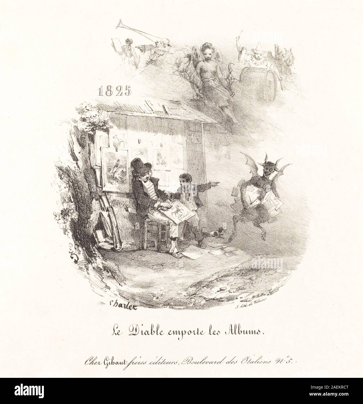 Nicolas-Toussaint Charlet, Le Diable emporte les Alben (der Teufel mit der Lithographie, Alben), 1825 Le Diable emporte les Alben (der Teufel mit der Lithographie, Alben); 1825 Datum Stockfoto