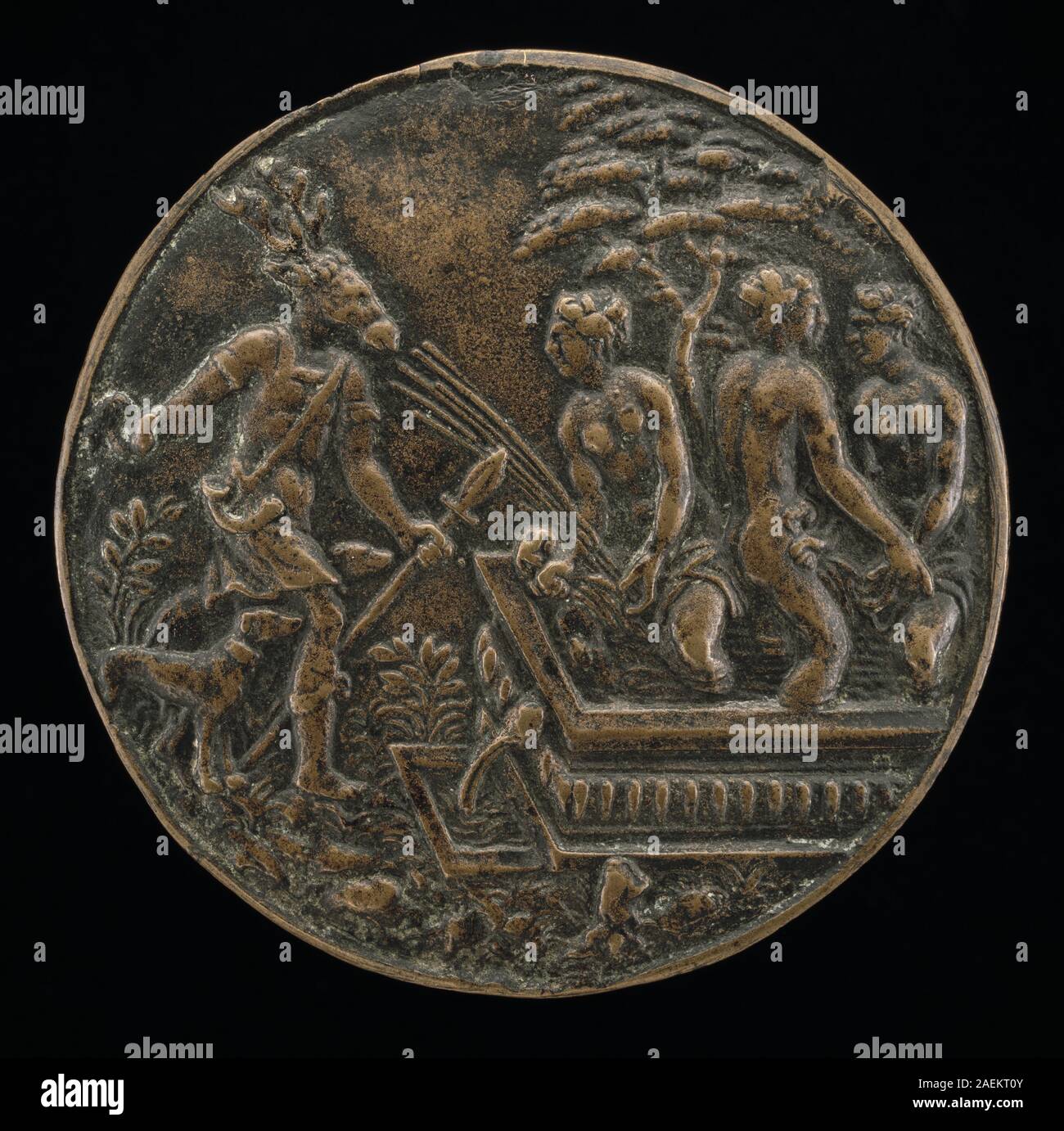 Ein norditalienisches Gemälde aus dem frühen 16. Jahrhundert, das die mythologische Szene von Diana und Actaeon darstellt. Das Werk zeigt Figuren, Landschaft und narratives Handeln im Einklang mit der mythologischen Kunst der Renaissance. Stockfoto