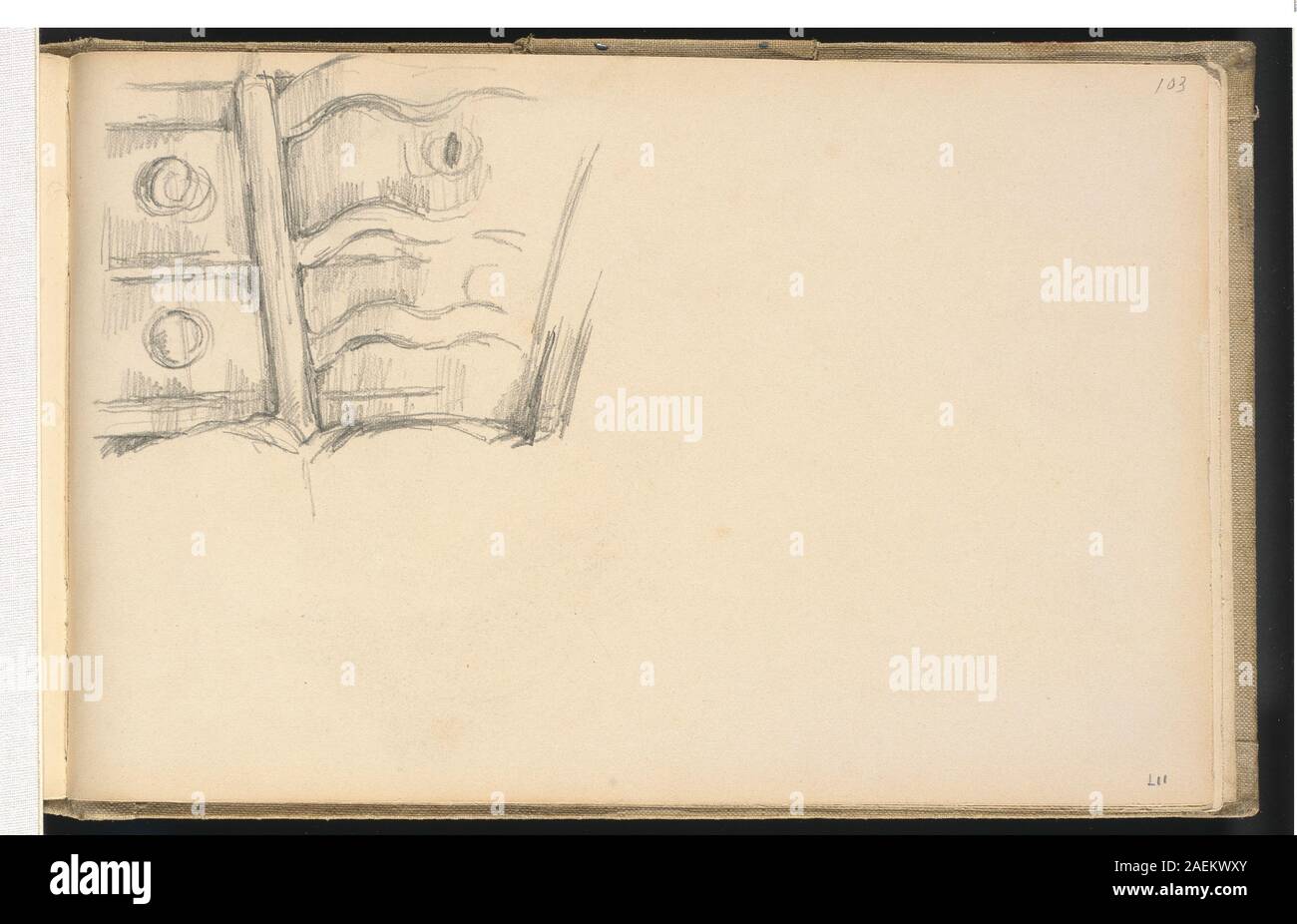 Gemälde von Paul Cézanne, 1880-1883, mit dem Titel Stuhl und Kommode. Zeigt Innenmöbel, Stuhl, Kommode, Stillleben, Komposition, Farbe und Pinsel. Stockfoto