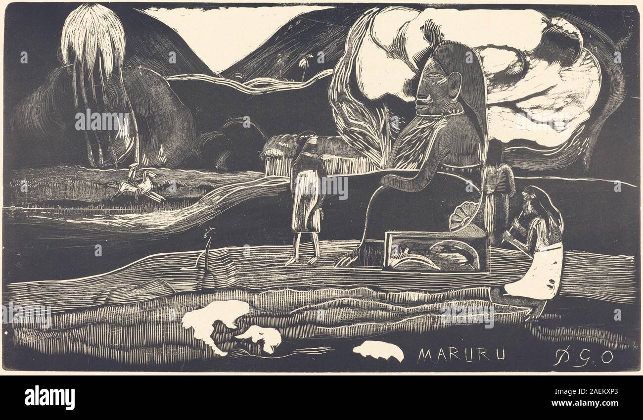 „Maruru (Danke)“ von Paul Gauguin, gemalt 1894-1895, zeigt Figuren in tropischer Umgebung mit symbolischen Gesten und lebhaften Farben, die postimpressionistische Auseinandersetzungen mit Form und Thema widerspiegeln. Stockfoto