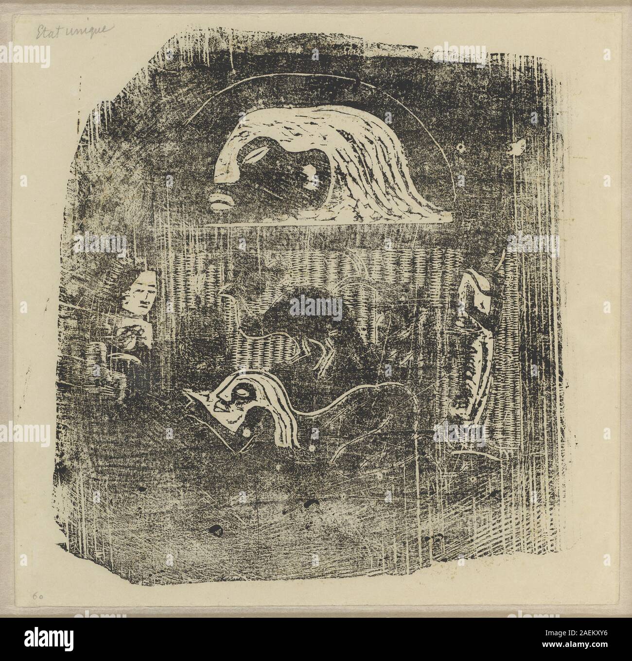 Kleine Platte von Paul Gauguin, in oder nach 1895, die Te Atua (die Götter) auf der Verso darstellt. Mit symbolischen Figuren, Gottheiten, dekorativen Motiven, Komposition und bemalten Oberflächendetails. Stockfoto