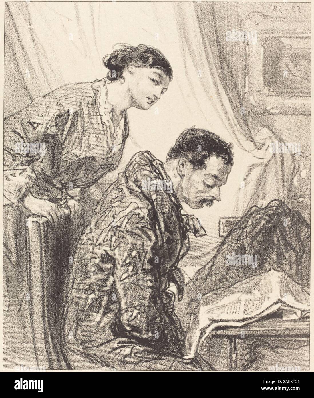 Dieser Druck von Paul Gavarni zeigt eine Diskussion über ein Budget. Das Werk zeigt ausdrucksstarke Figuren, Gesten und Linienzeichnungen, die typisch für die französische Druckkultur Mitte des 19. Jahrhunderts sind. Stockfoto