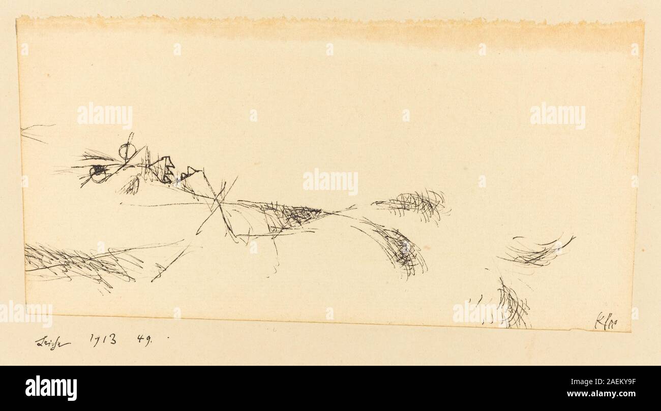 Zeichnung von Paul Klee, 1913, Darstellung einer Leiche, Stift und Tinte auf Papier, expressionistischer Stil, lineare Komposition, anatomische Studie, vorbereitende Skizze, frühe Moderne, Formerforschung, Figurenstudie, detaillierte Linienarbeit. Stockfoto