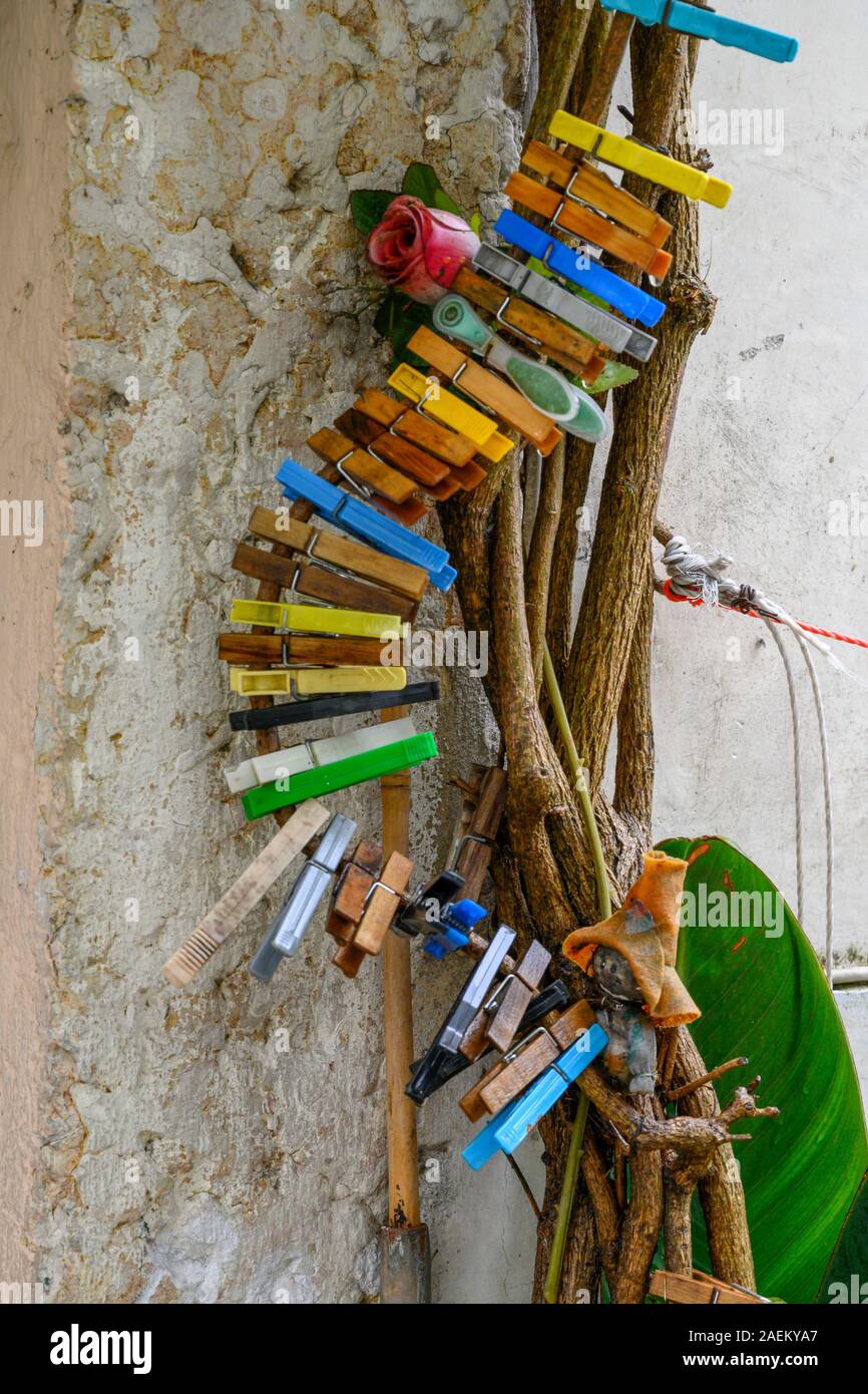 In der Nähe der bunten Wäscheklammern auf einem Weinstock, Alfama, Sao Miguel, Lissabon, Portugal Stockfoto