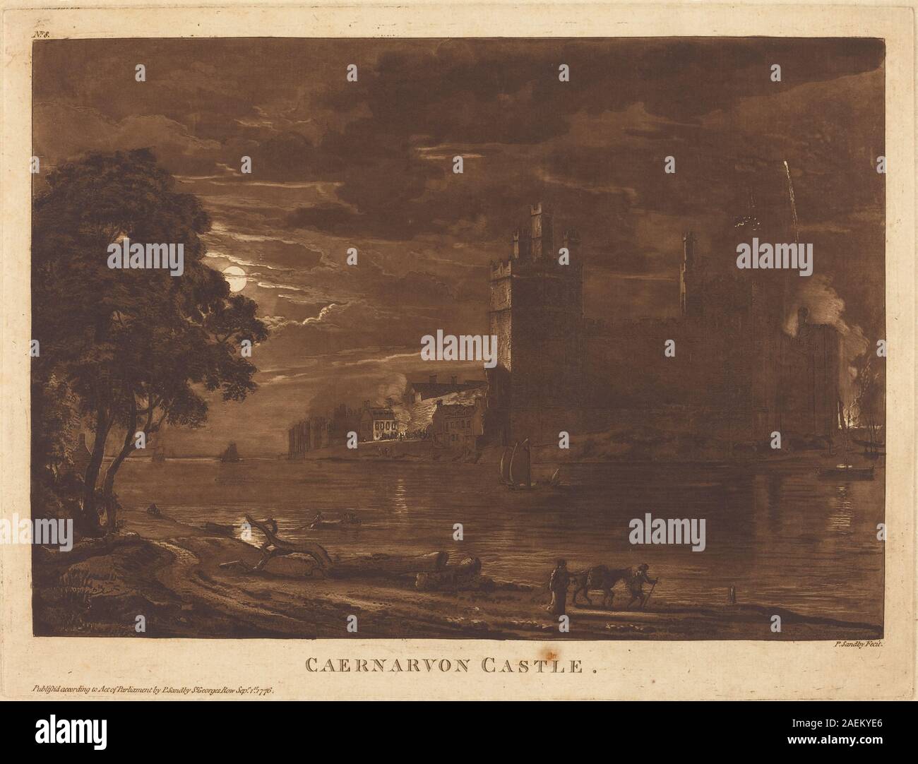 Dieses Gemälde von Paul Sandby, 1776, zeigt Caernarvon Castle in der Nacht. Das Werk zeigt die Struktur der Burg, die umgebende Landschaft, die nächtliche Atmosphäre, das Mondlicht und detaillierte architektonische Elemente im britischen Aquarellstil des 18. Jahrhunderts. Stockfoto