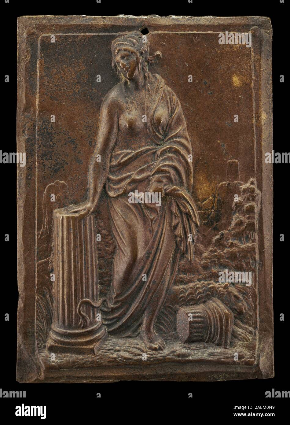 Reliefskulptur oder Medaille von Peter Flötner, 1540 oder früher, mit dem Titel Fortitude, mit der Personifikation der Stärke, römischer Rüstung, allegorischer Figur, Renaissance-Periode, detaillierte Reliefarbeiten, Metallhandwerk, symbolisches Thema, klassischer Einfluss, kompositorische Anordnung, menschliche Figur, künstlerische Technik, Ornamentik, narratives Element, Sammlerobjekt, historische Kunstwerke, strapazierfähiges Material, aufgetragene Textur, dekoratives Motiv, traditionelles Design. Stockfoto