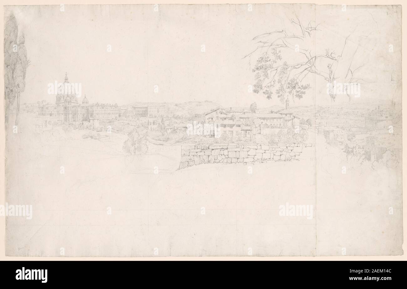 Fantasy-Panorama von Rom vom Petersdom bis zur Engelsburg, um 1820 von Peter von Hess, zeigt einen erhöhten Blick auf Rom mit dem Petersdom, der Engelsburg, den Gebäuden der Stadt, den Straßen und dem Fluss. Betonung der Panoramamalerei aus dem 19. Jahrhundert und Darstellung der städtischen Landschaft. Stockfoto
