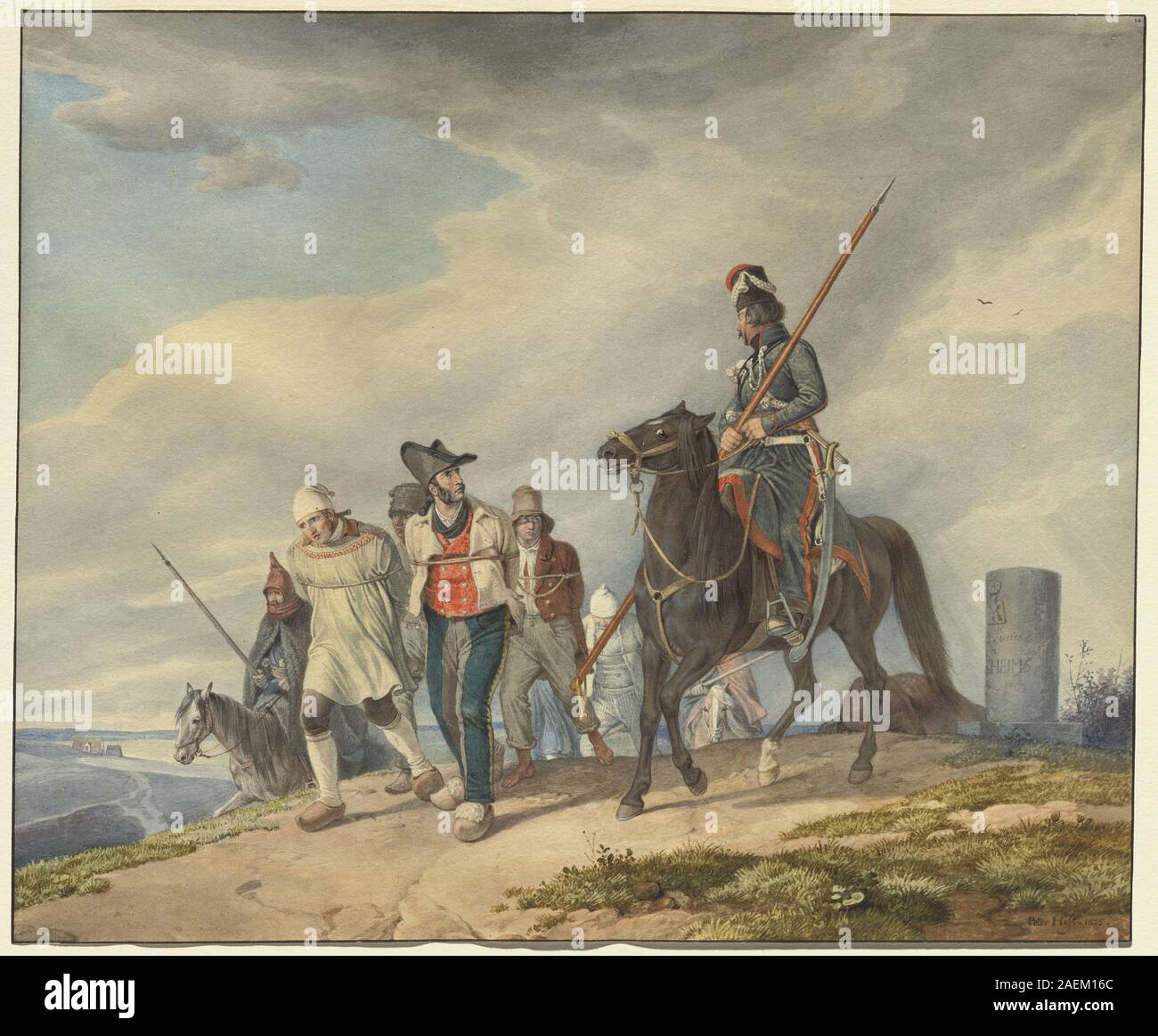 Gemälde von Peter von Hess, 1825, mit dem Titel drei bewaffnete Reiter eskortieren Gefangene bei Reims. Zeigt Kavallerie-Figuren, Gefangene, Landschaft, Pferde, Militäruniformen, europäischer Stil des frühen 19. Jahrhunderts. Stockfoto