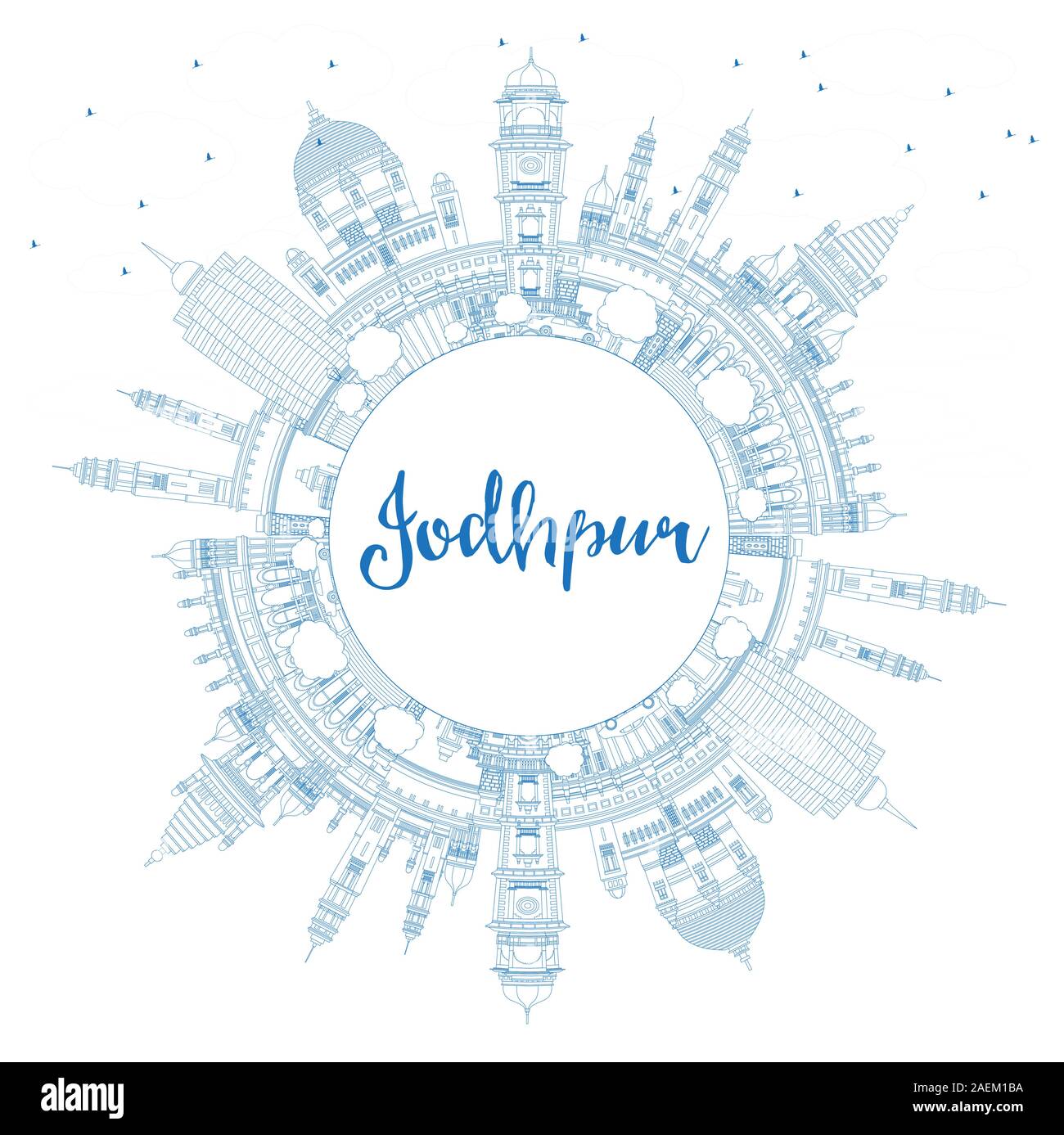 Umrisse Jodhpur Indien Skyline der Stadt mit blauen Gebäude und Kopieren. Vector Illustration. Business Travel und Konzept mit historischer Architektur. Stock Vektor