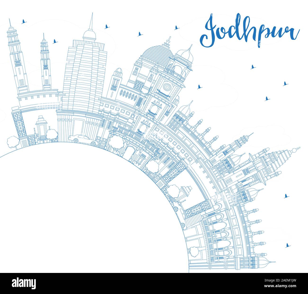 Umrisse Jodhpur Indien Skyline der Stadt mit blauen Gebäude und Kopieren. Vector Illustration. Business Travel und Konzept mit historischer Architektur. Stock Vektor
