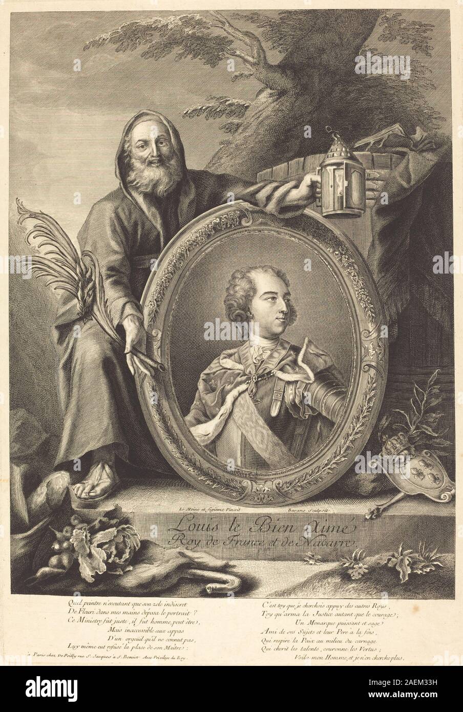 Louis le Bien-Aimé, von Pierre-Francois Basan nach Jean-Baptiste Lemoyne II. Graviert, zeigt König Ludwig XV. In königlicher Kleidung, mit Gesichtszügen, Krone, Gewändern, Haltung, und klassische Ikonographie, die charakteristisch für französische königliche Porträts aus dem 18. Jahrhundert ist. Stockfoto