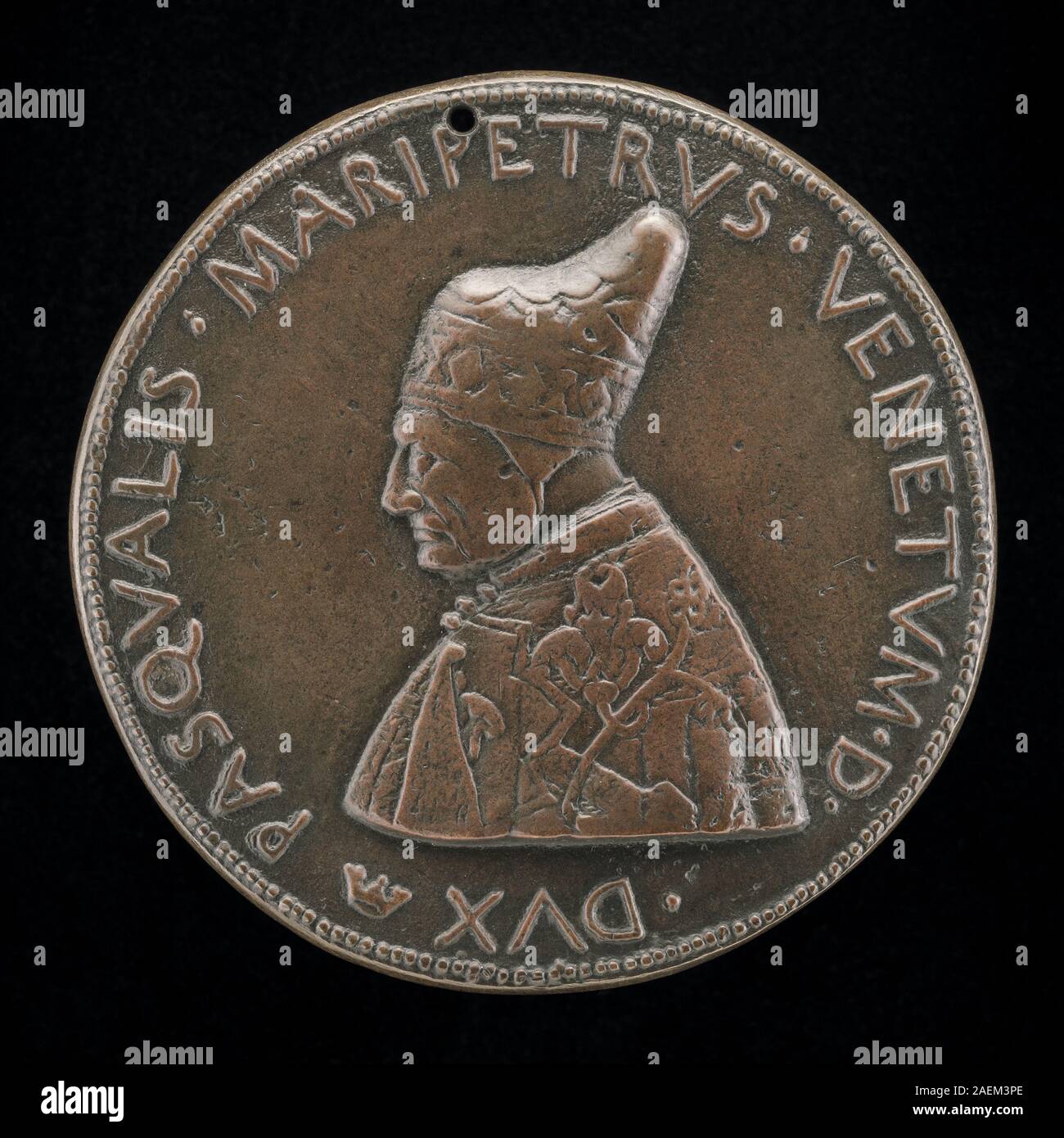 Medaille oder Münze von Pietro da Fano, um 1452–1464, mit Pasquale Malipiero, Doge von Venedig 1457, Porträt in Profil, Inschriften und venezianischem numismatischem Design aus dem 15. Jahrhundert. Stockfoto