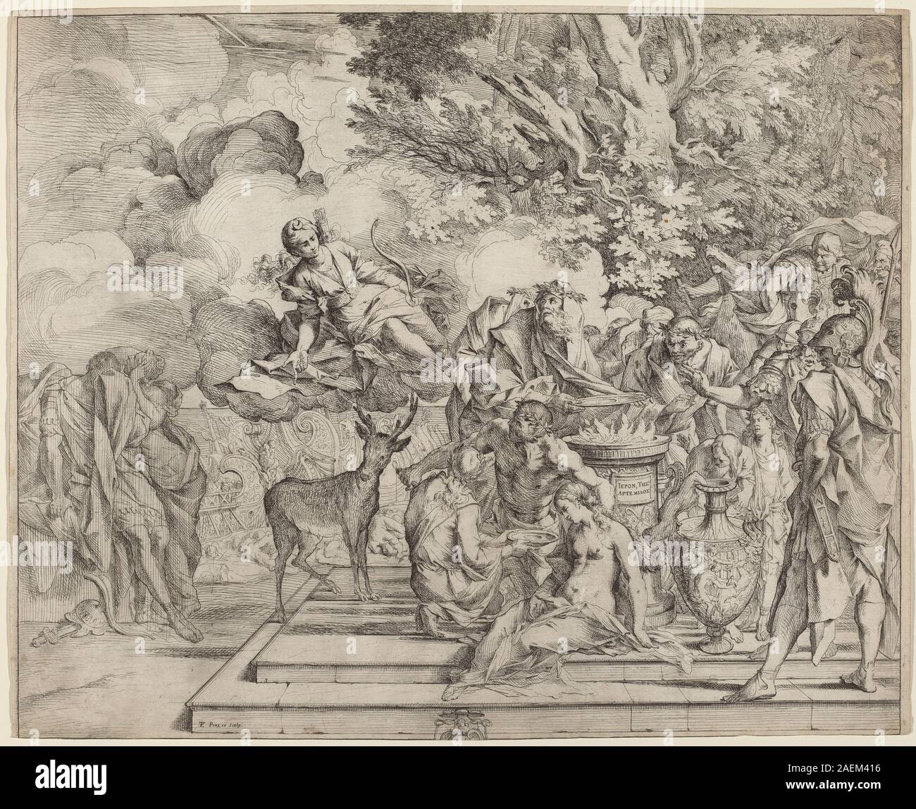 Das Opfer der Iphigenie durch Pietro Testa zeigt die griechische mythologische Szene mit Iphigenie, Agamemnon, Altar, Priester, Soldaten, und Landschaft mit italienischem Barockstil aus dem 17. Jahrhundert und narrativer Komposition. Stockfoto