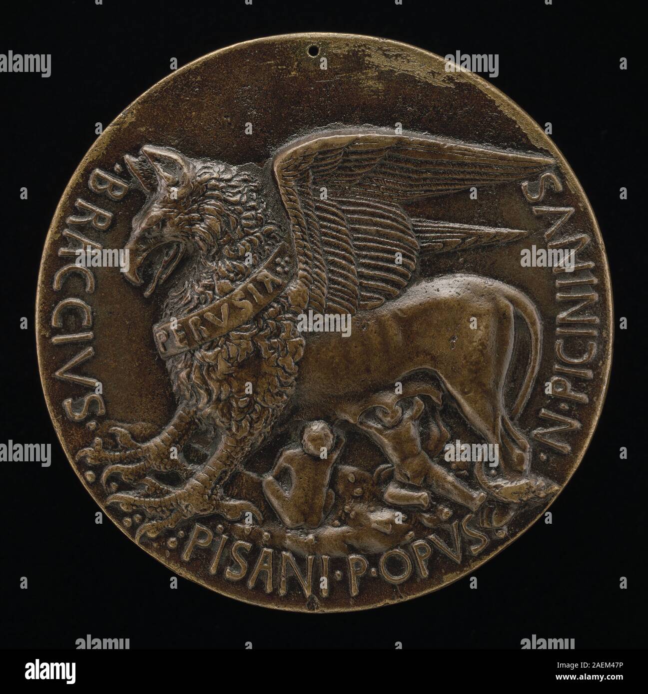 Die Umkehrung einer Medaille von Pisanello aus dem Jahr 1441, die die griffin von Perugia darstellt, die zwei Säuglinge säugt. Das Design zeigt mythische Kreaturen, Kleinkinder, Landschaften und Kunstfertigkeit der Renaissance-Medaillen. Stockfoto