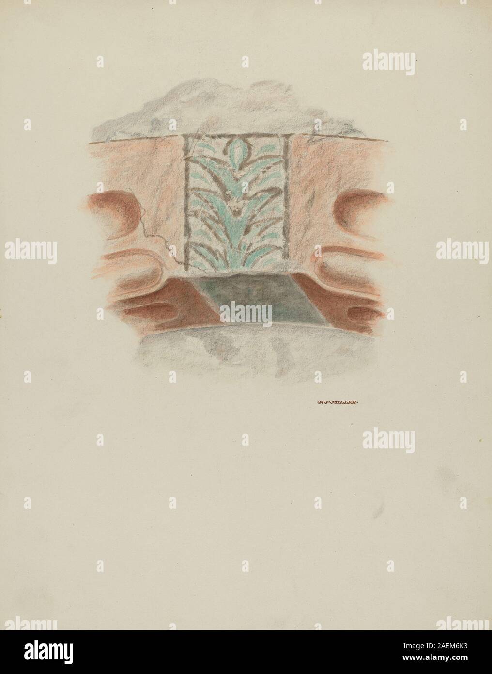 Ein von Randolph F. Miller gemalter Schlussstein aus dem Jahr 1939, der architektonische Elemente, dekorative Motive und Integration in das Mauerwerk zeigt. Stockfoto