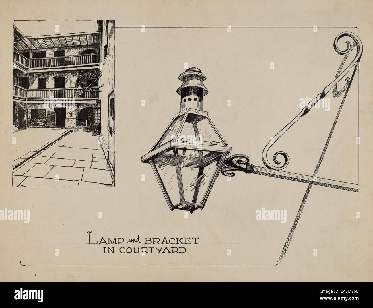 Eine Lampe aus Schmiedeeisen um 1936 von Ray Price, die Metallkonstruktion, funktionales Design, geschwungene Elemente und dekorative Details für die Innenbeleuchtung in Wohnräumen zeigt. Stockfoto