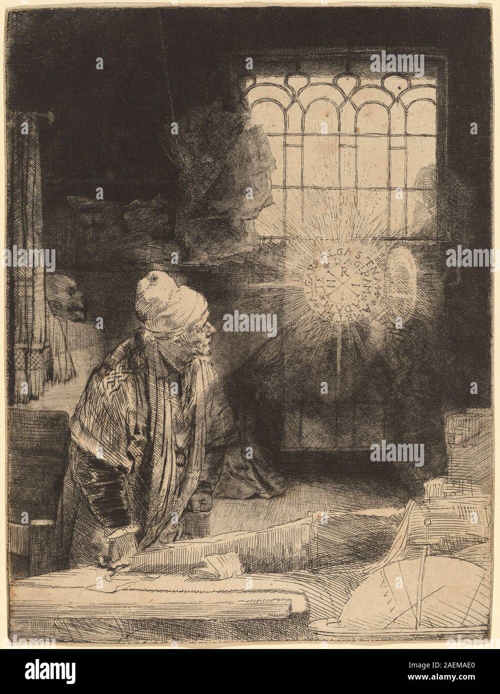 Faust, gemalt von Rembrandt van Rijn um 1652, zeigt die Figur der deutschen Legende mit dramatischer Beleuchtung, ausdrucksstarken Gesichtern und reichen Öltexturen, die typisch für Rembrandts Barockstil sind. Stockfoto