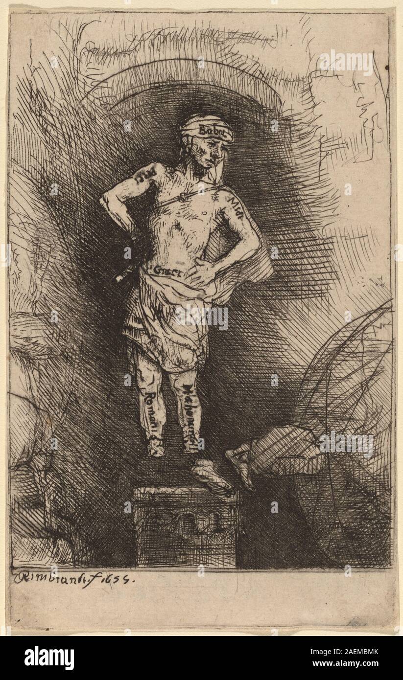 Dieses Gemälde von Rembrandt van Rijn, 1655, zeigt das Bild Nebukadnezars und veranschaulicht Figuren, Komposition, biblisches Thema und niederländische Barockmaltechniken aus der Mitte des 17. Jahrhunderts. Stockfoto