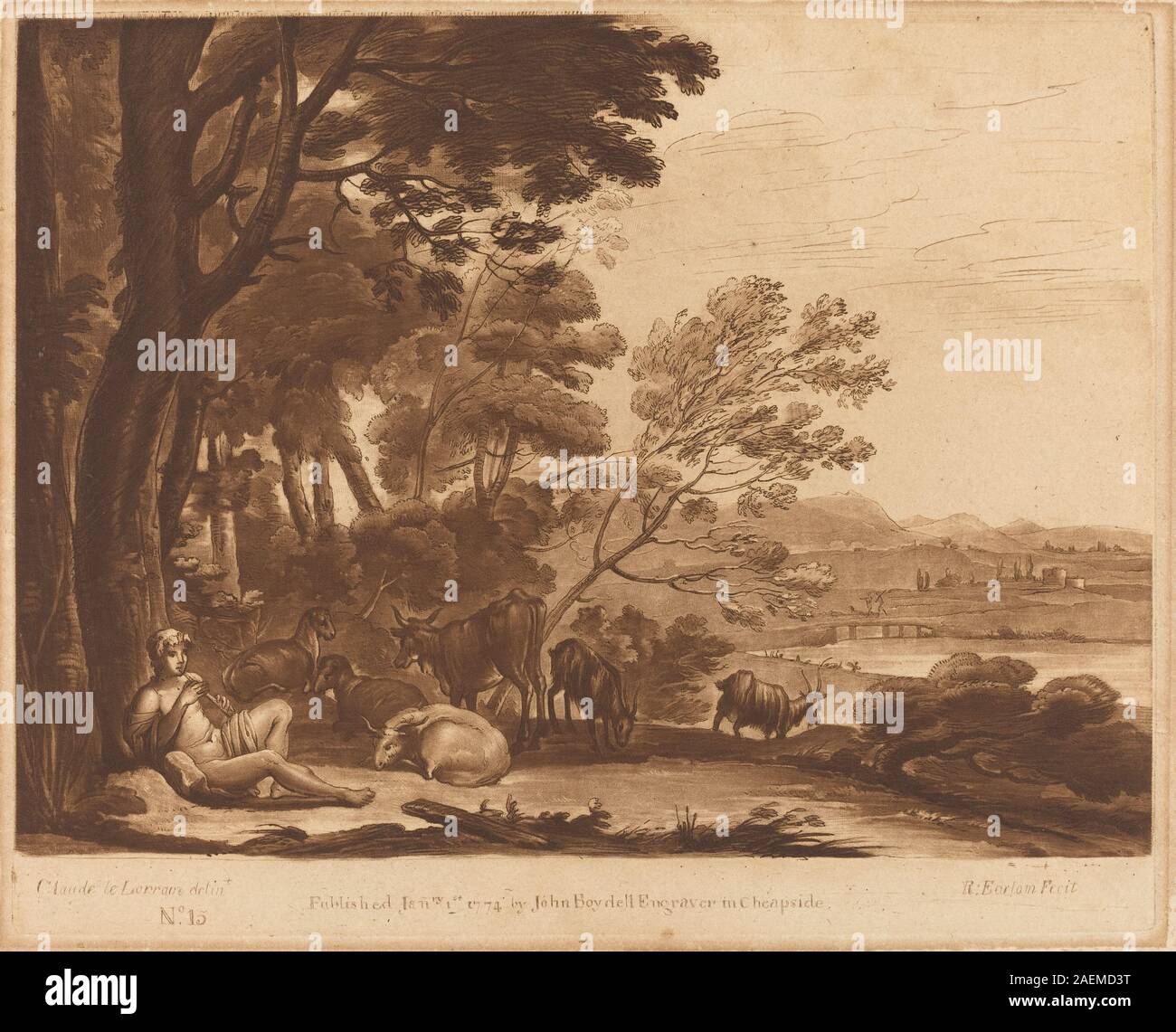 Richard Earlom nach Claude Lorrain, Landschaft Nr. 15 von Liber Veritatis, 1774, Landschaft Nr. 15 von Liber Veritatis; 1774 Datum Stockfoto