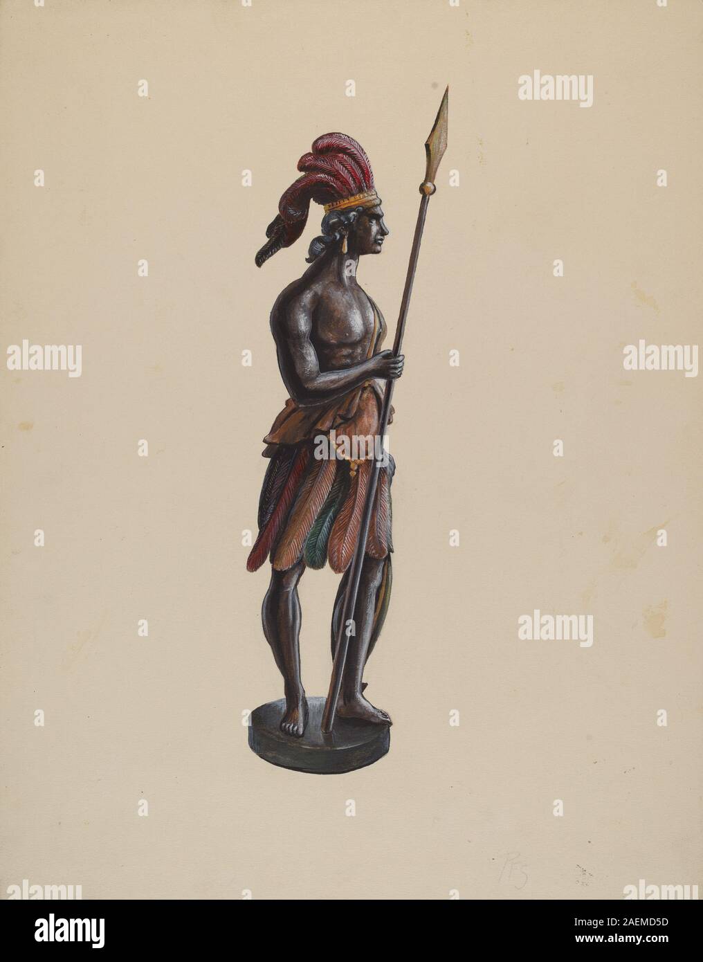 Diese um 1936 entstandene Holzfigur von Richard F. Smith zeigt einen Cigar Store Indianer mit geschnitzten Gesichtszügen, traditionellem Kopfschmuck der Ureinwohner, bemalter Oberfläche und stehender Haltung, die historisch für die Werbung für Tabakprodukte verwendet wurde. Stockfoto