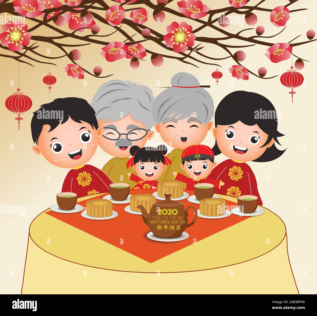 Mid Autumn Festival oder Chinesischen neue Jahr banner Abbildung mit Happy Family mit traditionellem Essen (Chinesisch Übersetzung Happy Chinese New Year) Stock Vektor