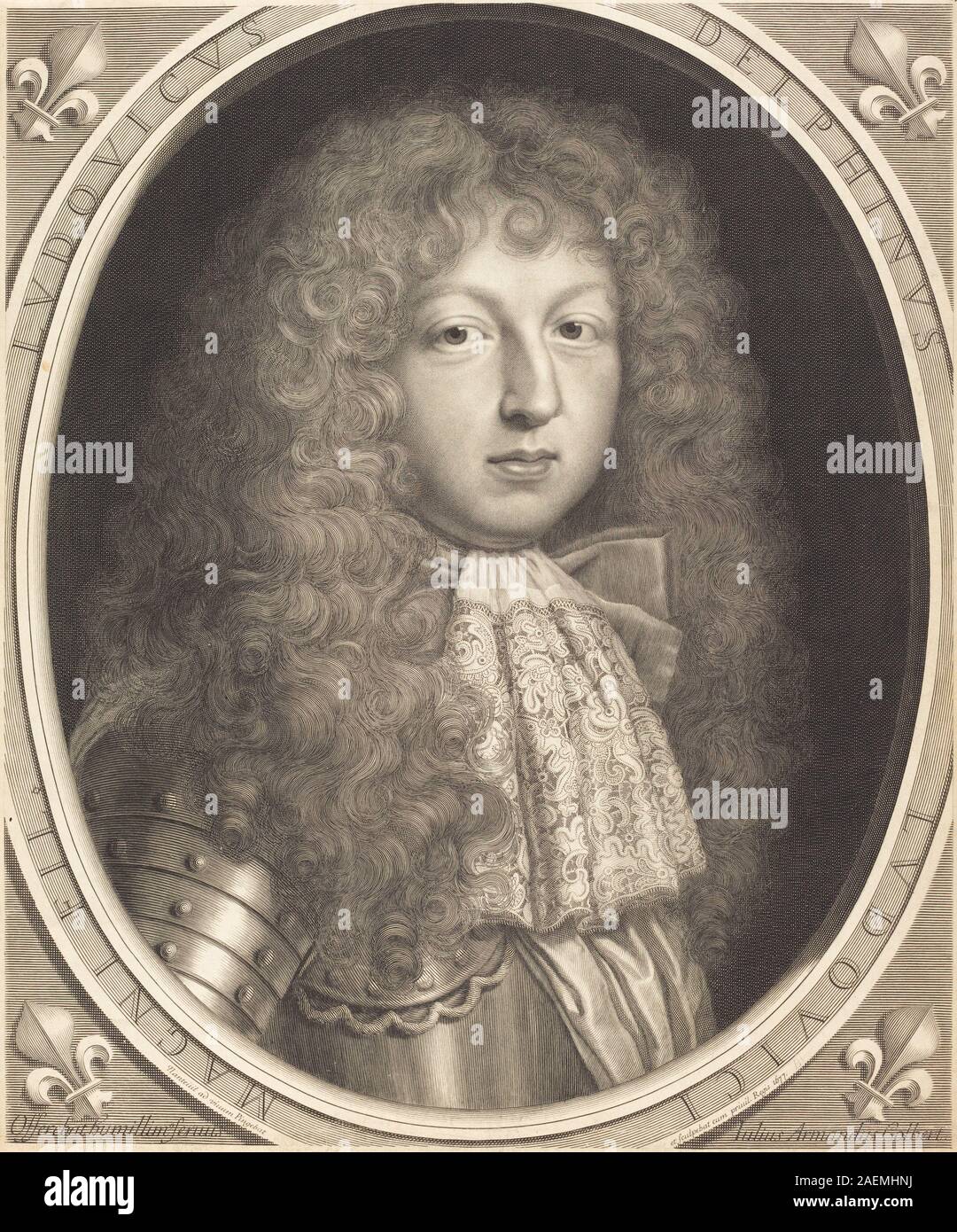 Louis, Dauphin de France, von Robert Nanteuil im Jahr 1677 graviert, ist ein Porträt, das den Thronfolger in aufwendiger Kleidung zeigt und Gesichtszüge, Körperhaltung und detaillierte Gravuren hervorhebt, die typisch für französische Porträts des 17. Jahrhunderts sind. Stockfoto