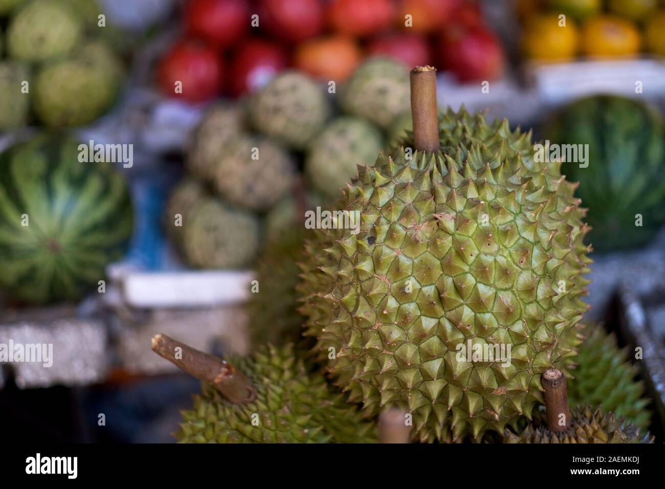 Stachelige grüne Früchte der Durian auf den Zähler der Gemüsemarkt. Vietnam Stockfoto