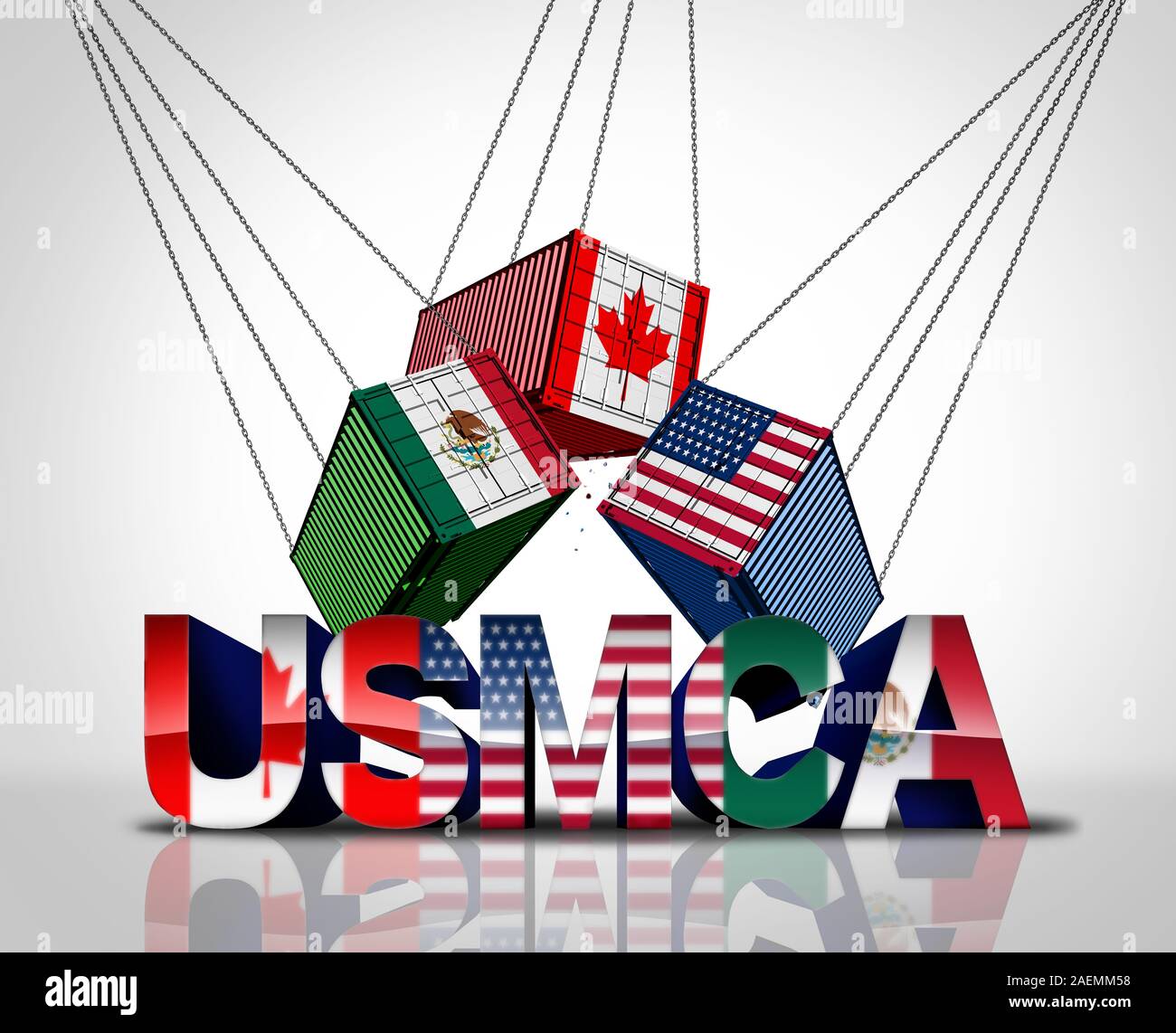 USMCA Vereinbarung oder der neuen NAFTA USA Mexiko Kanada Rechtsvorschriften mit Nordamerika Flaggen als Handelsabkommen Verhandlungen und wirtschaftlichen Abkommen. Stockfoto