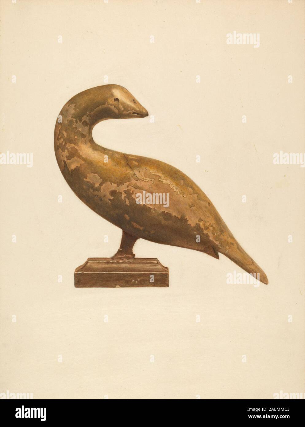 Illustration von Roberta Spicer, um 1938, mit einem Vogel. Zeigt Arten, Federn, Flügel, Schnabel, Haltung, Gefieder, Farbe, Umgebung und dekorative Kunst des 20. Jahrhunderts. Stockfoto