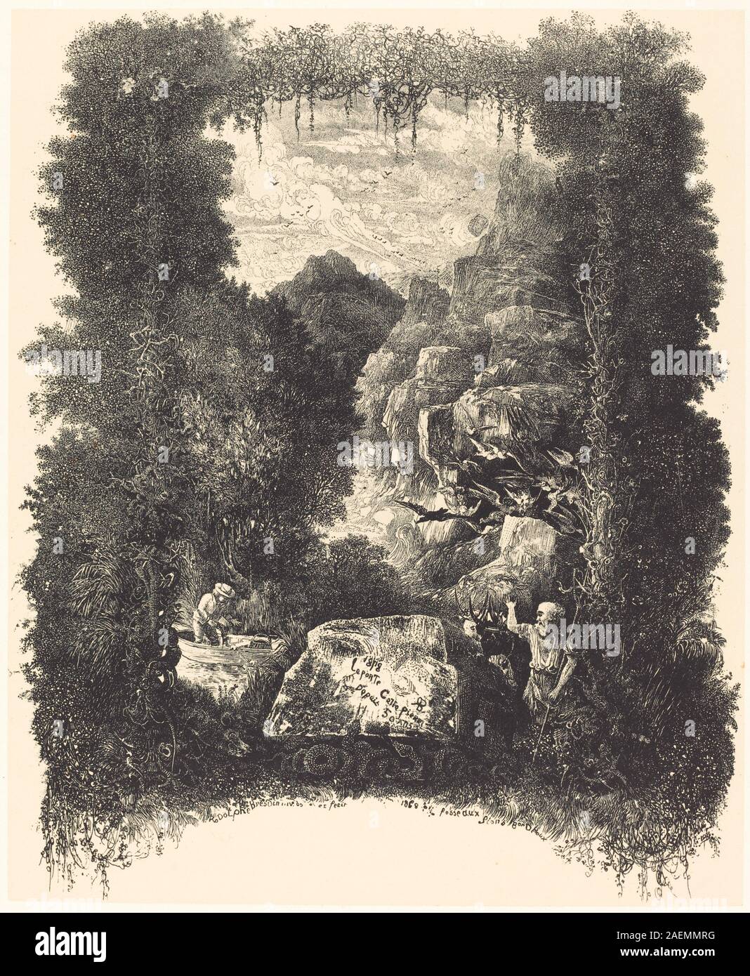 Dieses Frontispiece von Rodolphe Bresdin aus dem Jahr 1878 ist ein detaillierter Stich, der als illustratives Eröffnungsbild in einem Buch verwendet wird und komplizierte Linienarbeiten, Figuren und symbolische Elemente zeigt, die für die Druckerei des 19. Jahrhunderts charakteristisch sind. Stockfoto