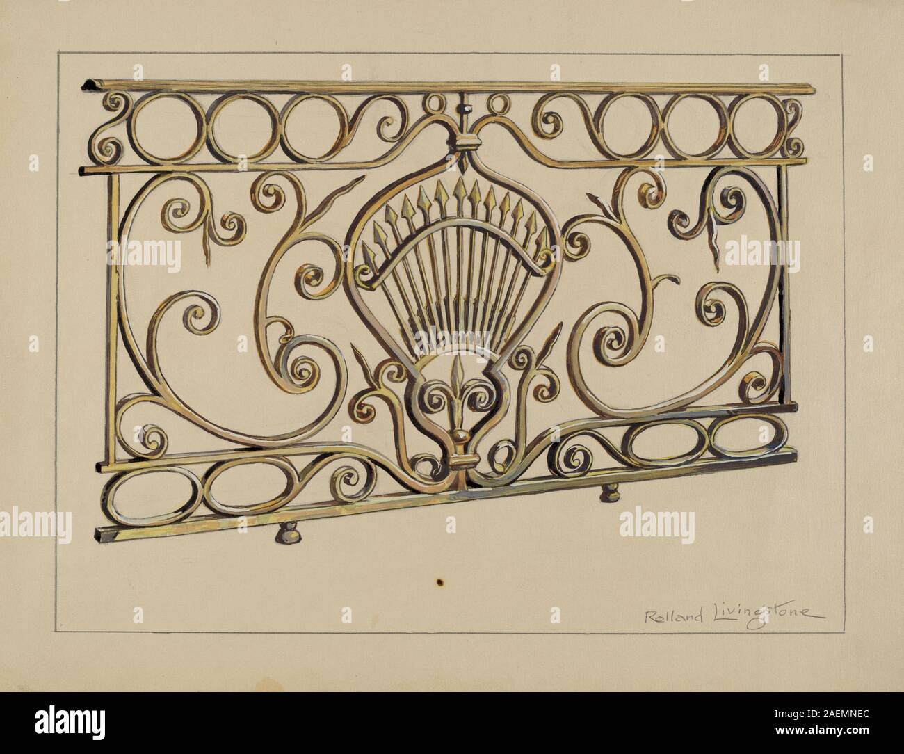 Dieses um 1936 errichtete Balkongeländer von Rolland Livingstone ist ein architektonisches Element aus Metall mit dekorativen Mustern und funktionalem Design für Sicherheit und Unterstützung in der Innenausstattung des Gebäudes des frühen 20. Jahrhunderts. Stockfoto