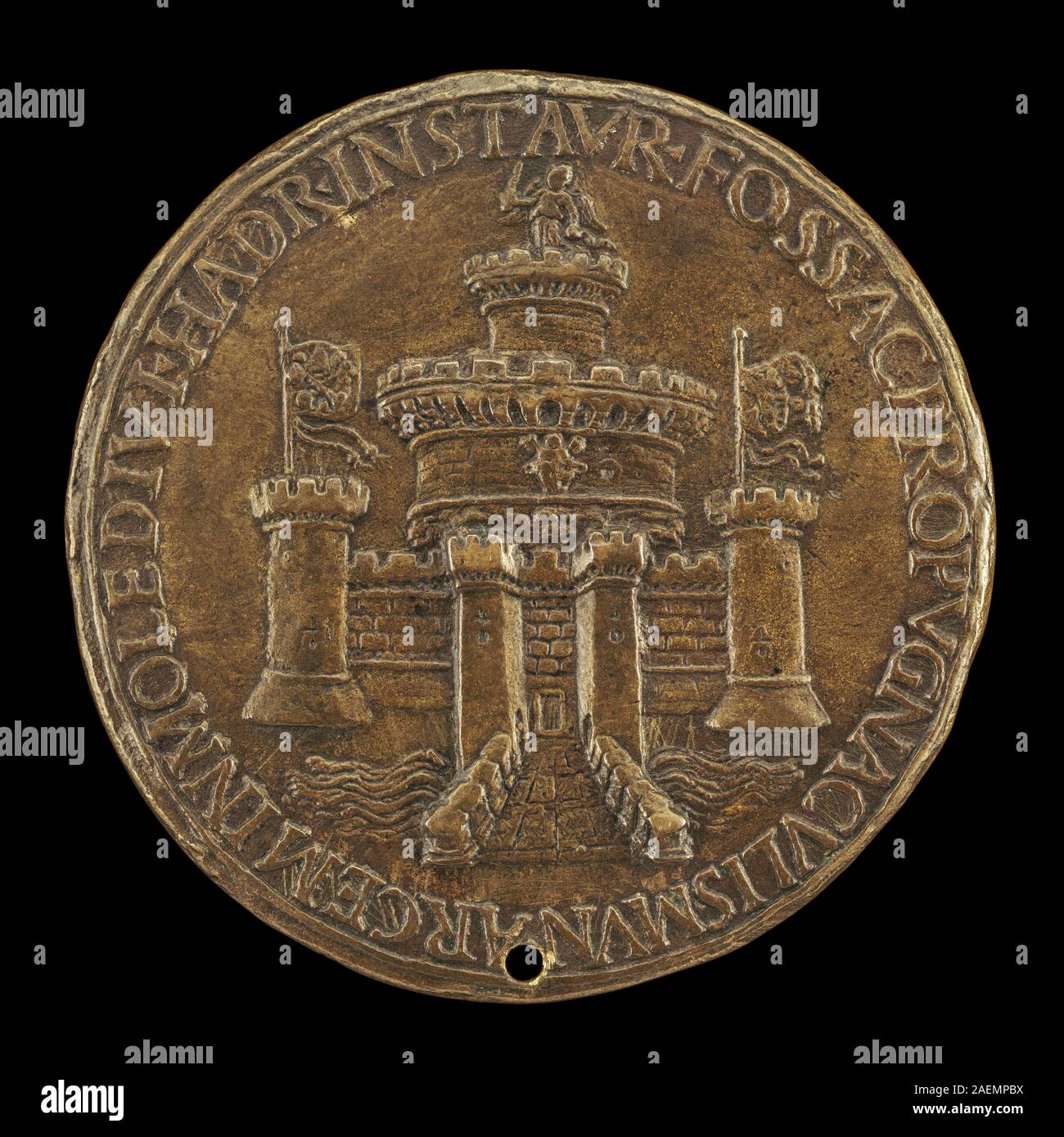 Römische Kunstwerke aus dem 15. Bis 16. Jahrhundert, die die Rückseite der Engelsburg zeigen und architektonische Merkmale, Befestigungen und Perspektiven darstellen, die typisch für italienische Drucke der Renaissance sind. Stockfoto