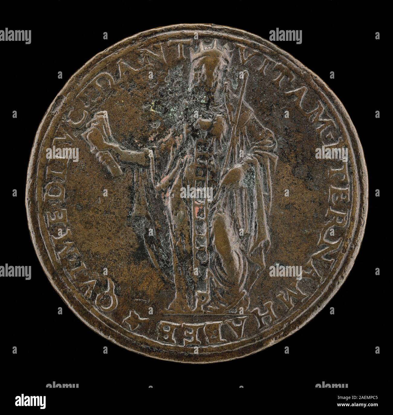 Rückseite der römischen Darstellung der Philosophie aus dem 15. Jahrhundert mit Manuskript und Zepter, 1493-1522, mit symbolischen Objekten, Figuren, detailliertem Stich, und dekorative Elemente, die typisch für die intellektuelle Ikonographie der Renaissance sind. Stockfoto