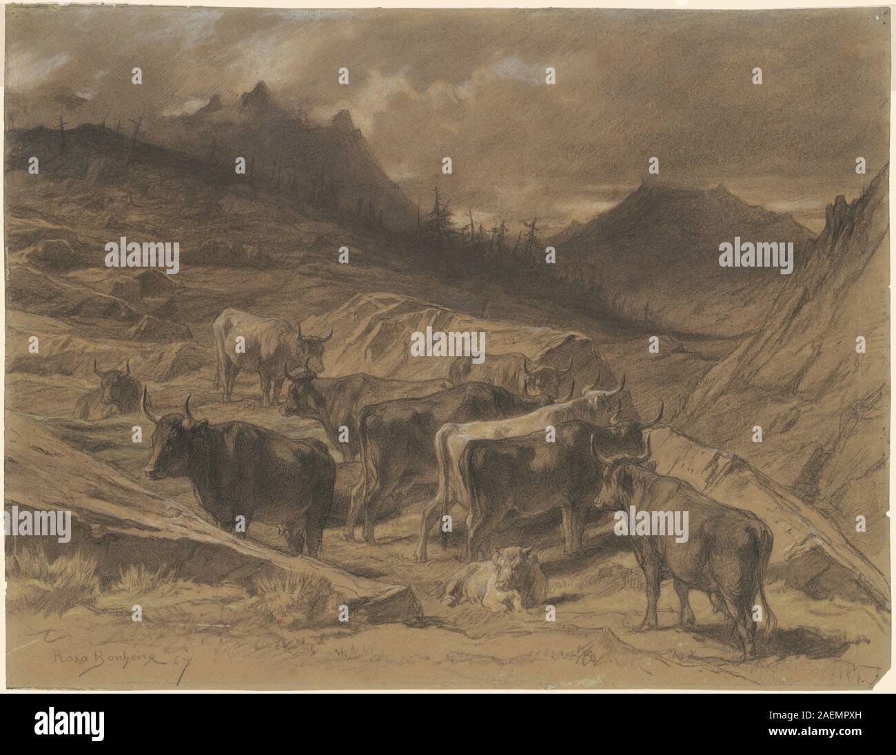 Dieses Gemälde von Rosa Bonheur aus dem Jahr 1867 zeigt die Weidezeit von Rindern in der Auvergne und zeigt Tieranatomie, Landschaft, Vegetation und pastorale Umgebung mit realistischer Darstellung und sorgfältiger Beobachtung natürlicher Formen. Stockfoto