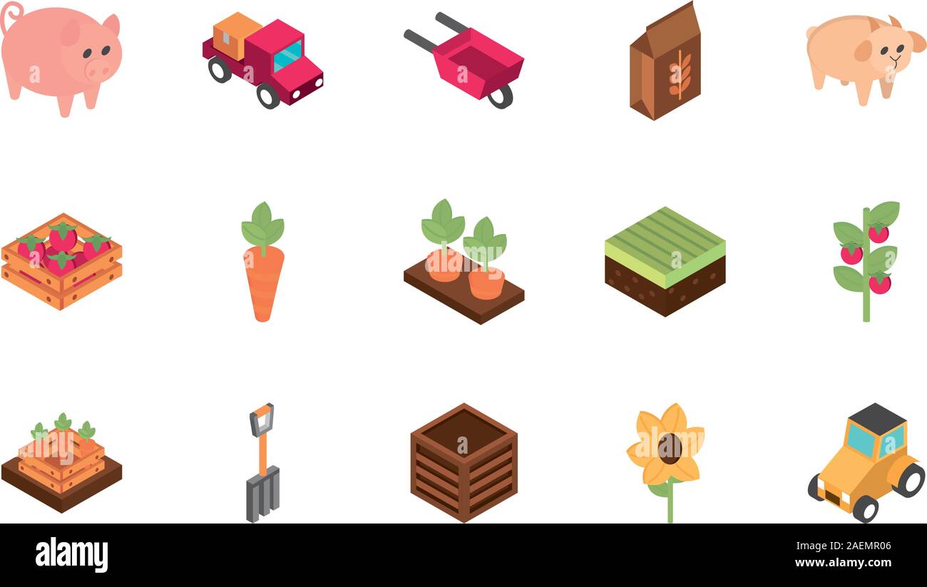 Bauernhof Ernte Landwirtschaft ländliche isometrische Icons collection Vector Illustration Stock Vektor