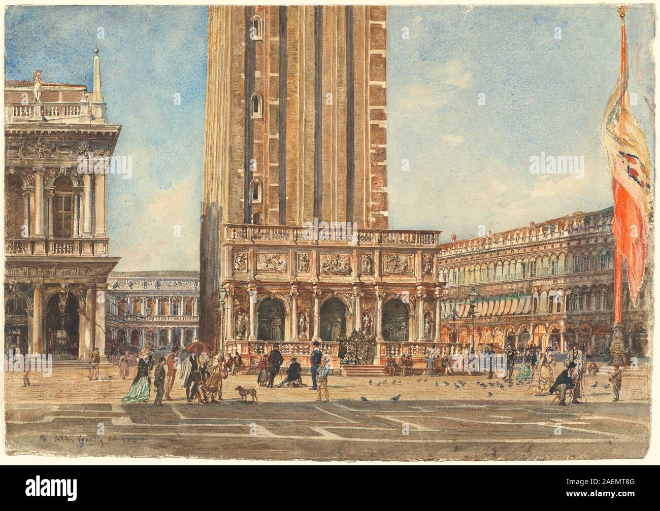 Dieses Gemälde von Rudolf von Alt aus dem Jahr 1874 zeigt die Piazza San Marco in Venedig mit architektonischen Details, einem offenen Platz, umliegenden Gebäuden, menschlichen Aktivitäten, und stimmungsvolle Beleuchtung in einer realistischen Stadtlandschaft. Stockfoto