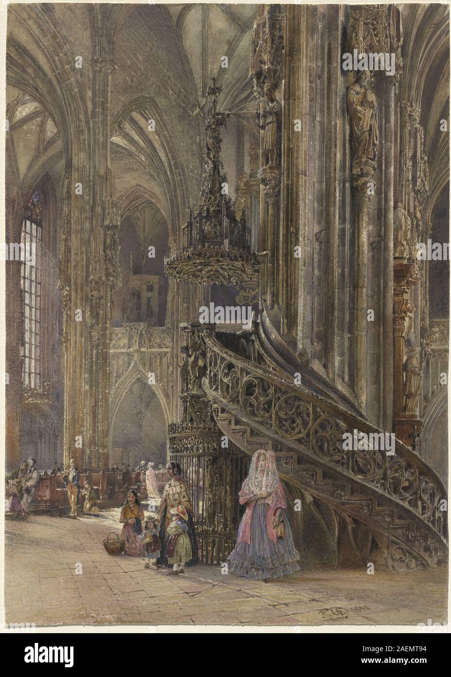 Aquarell von Rudolf von Alt, 1841, Innenansicht des Stephansdoms zu Wien, gotische Architektur, Gewölbedecken, Säulen, Bögen, detaillierte Perspektive, österreichische Malerei Mitte des 19. Jahrhunderts und realistische Darstellung. Stockfoto