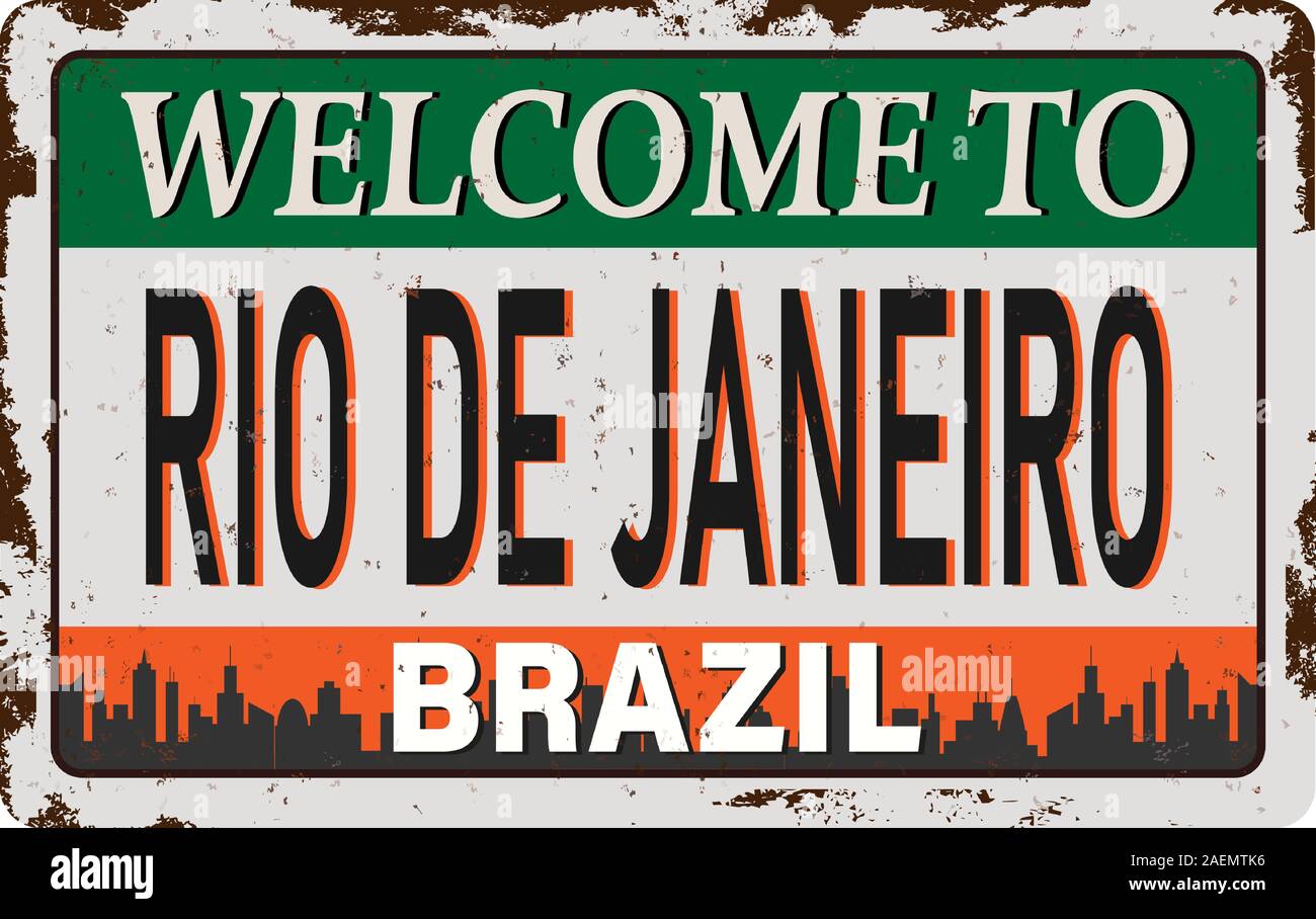 Touristische Retro Vintage Gruß Zeichen, typografische Hintergrund Willkommen bei Rio de Janeiro, Vektor Design. Textur Effekte können problemlos ausgeschaltet werden. Stock Vektor