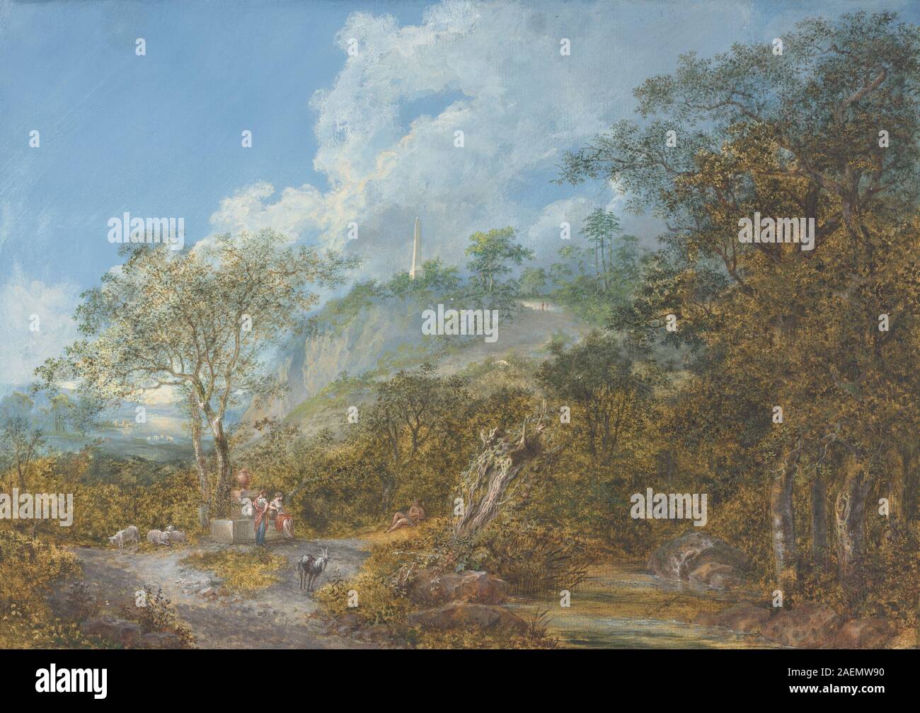 Arcadian Landscape with an Obelisk von Salomon Gessner, 1785, zeigt eine Pastoralszene mit sanften Hügeln, Bäumen, Figuren und einem zentralen Obelisk, die Landschaftskomposition und den klassischen Einfluss des 18. Jahrhunderts veranschaulicht. Stockfoto