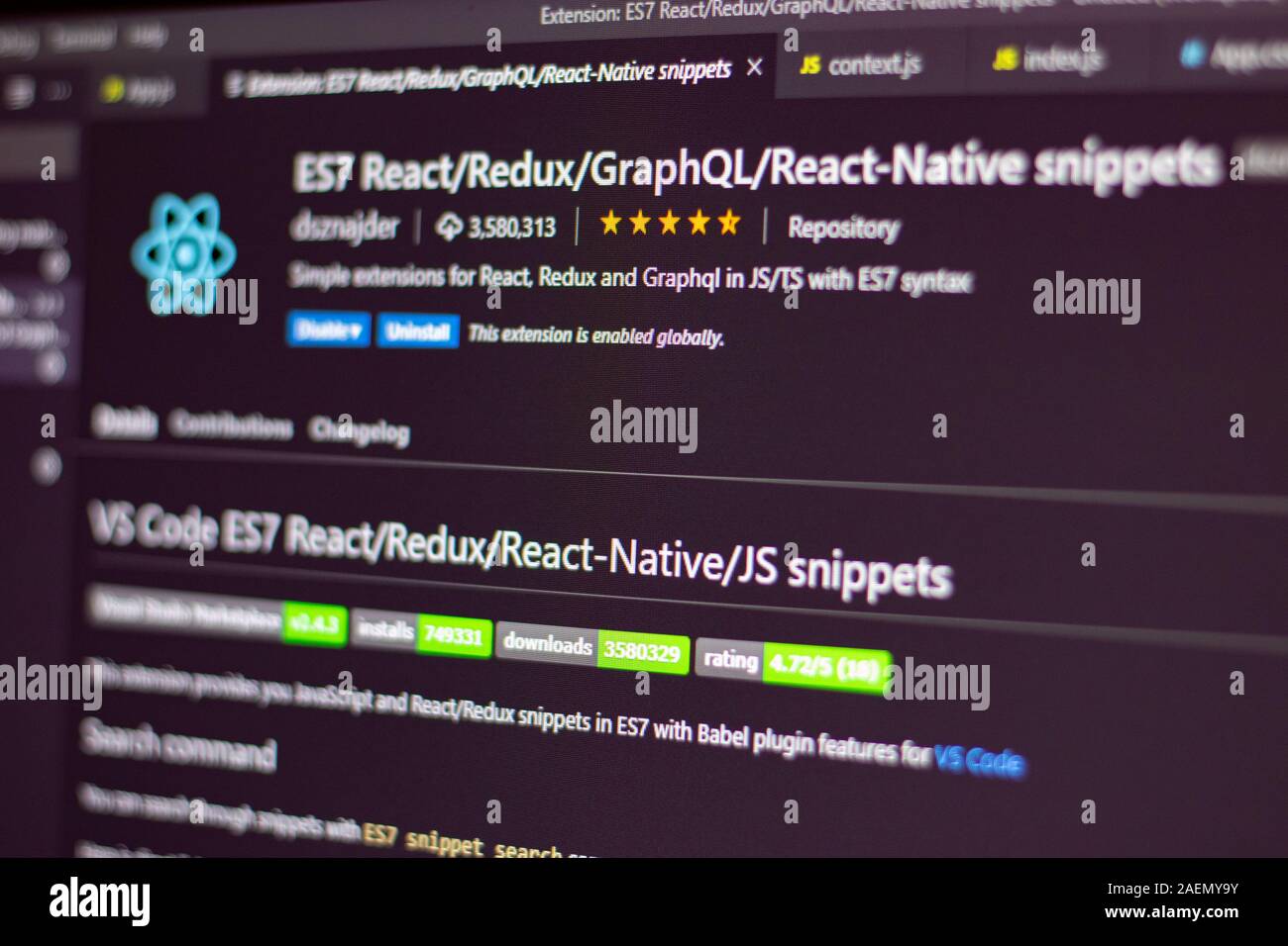 Visual Studio Code Extension snippets reagieren GraphQL Stockfoto